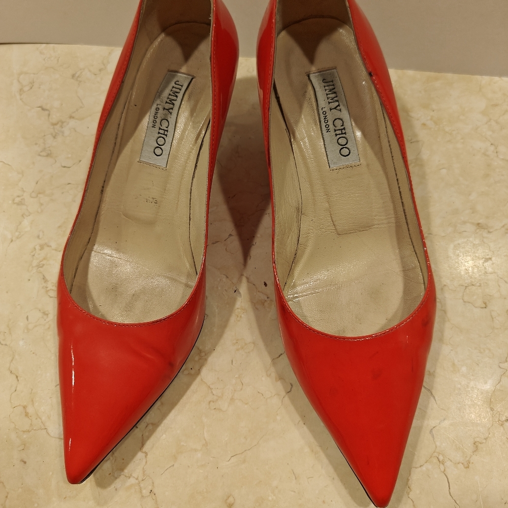 Jimmy Choo Red/Orange Patent Kitten Heels - Size 37 EU (6.5 US)